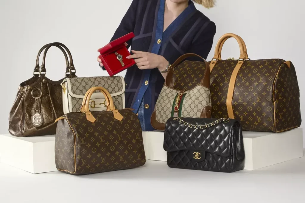 A selection of designer bags on display