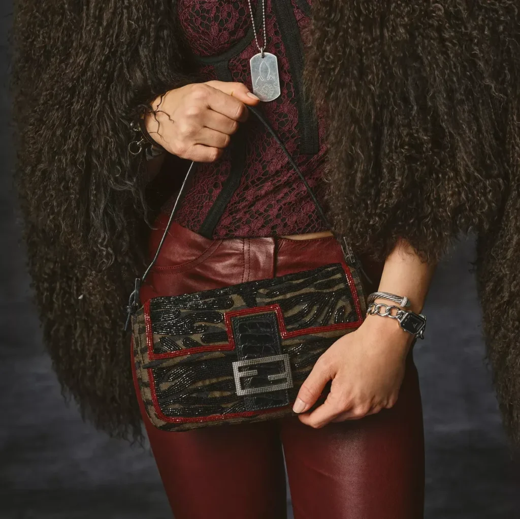 Fendi Baguette styled with a burgundy outfit