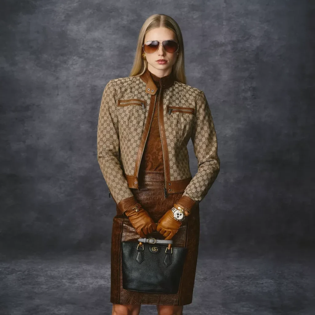 Gucci bag styled with a patterned jacket